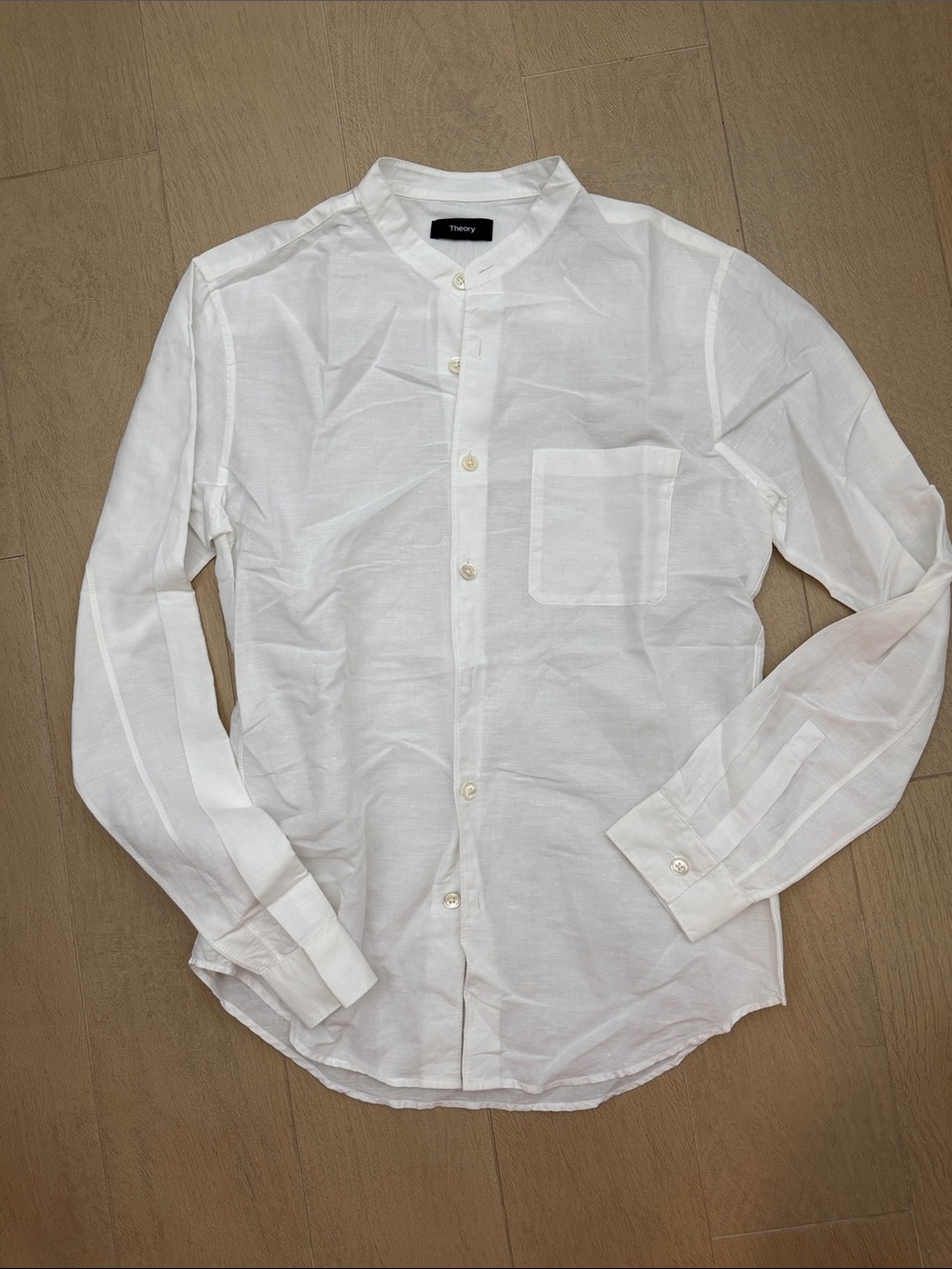 Theory White Long-Sleeve Band Collar Button-Down Shirt XS Linen NWOT